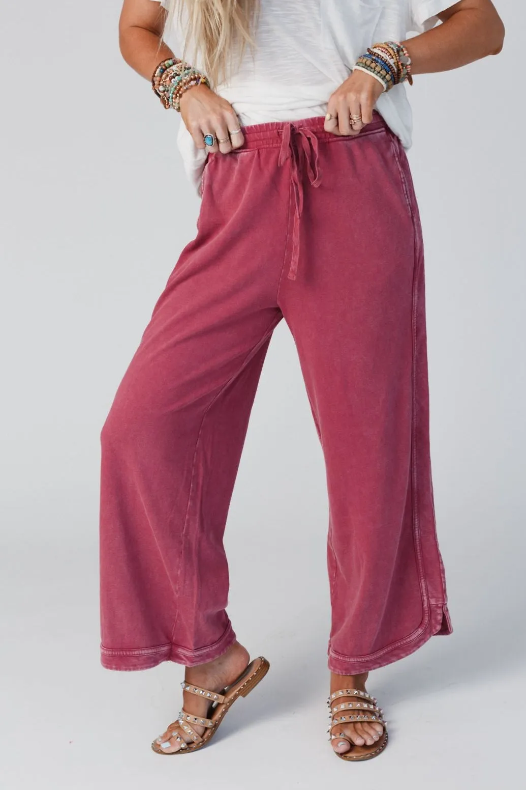 So Comfy Wide Leg Pant Cropped Length - Burgundy