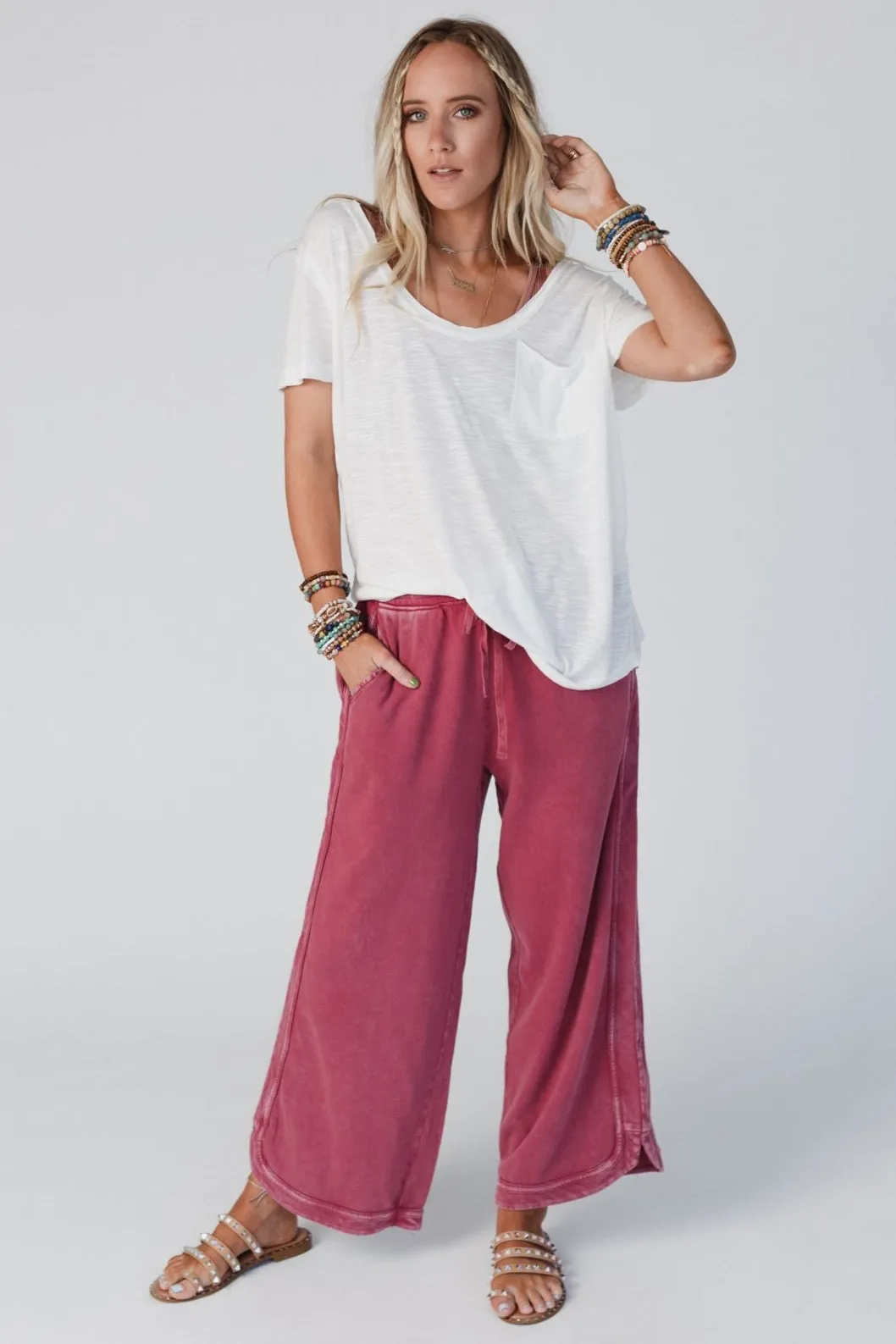 So Comfy Wide Leg Pant Cropped Length - Burgundy