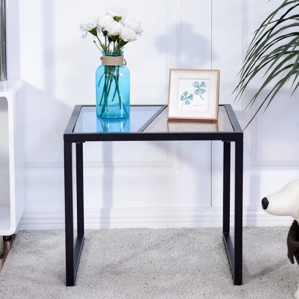 Square Side End Table Tempered Glass Top Metal Frame