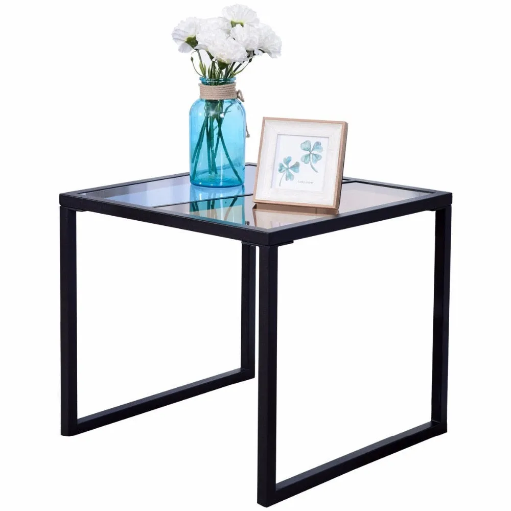 Square Side End Table Tempered Glass Top Metal Frame