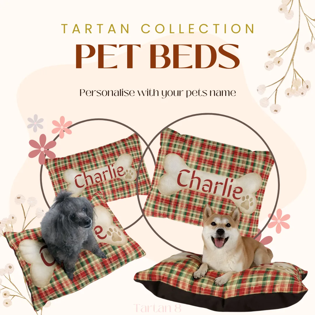 Tartan Collection 8 - Pet Tag Round and Bone Shape, Bandana, Lead, Dinner Bowl, Pet Bed