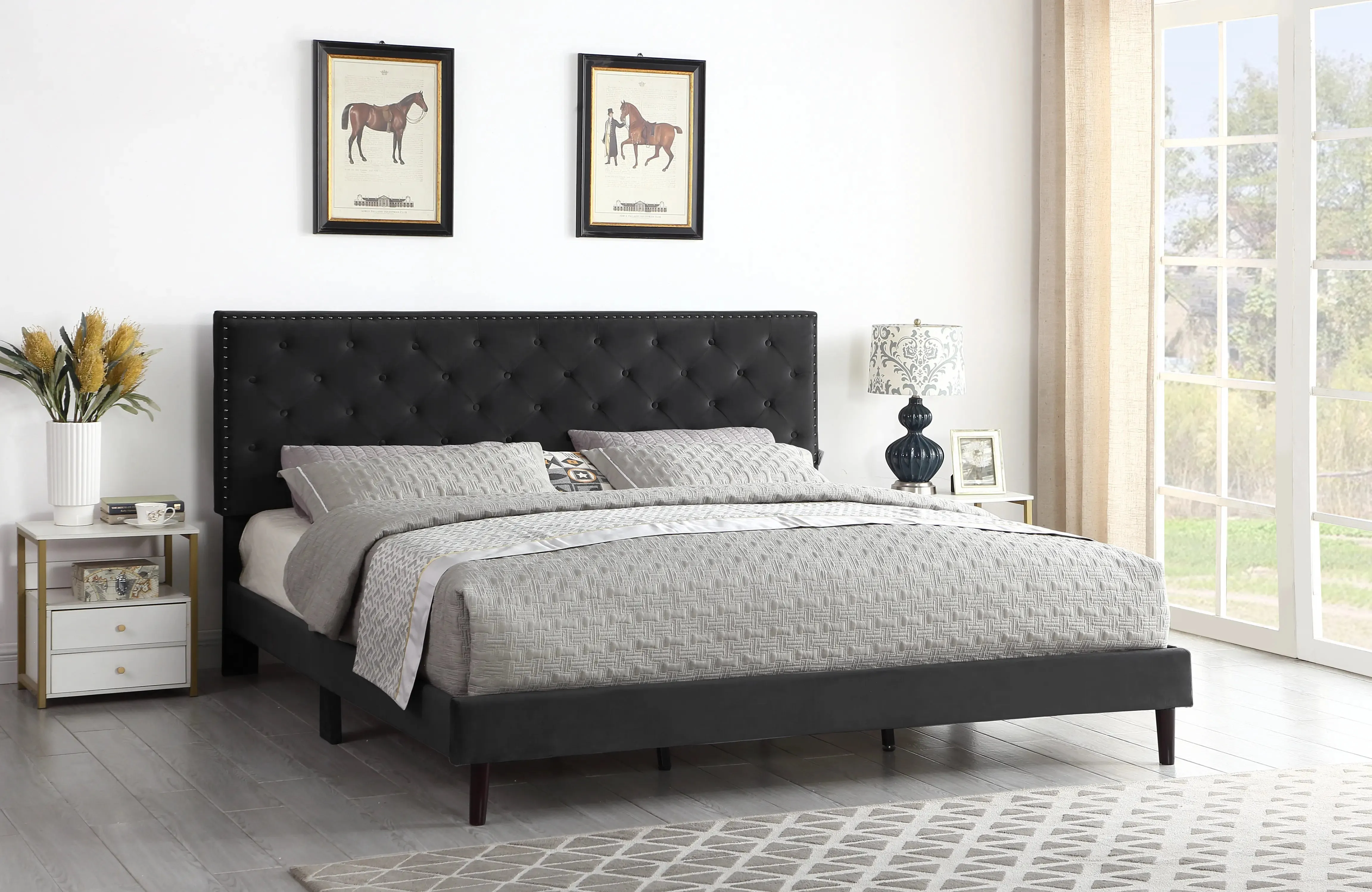The Velour - Hand Tufted Luxury Upholstered Platform Bed - 48" Tall Adjustable Headboard in Suede Velour