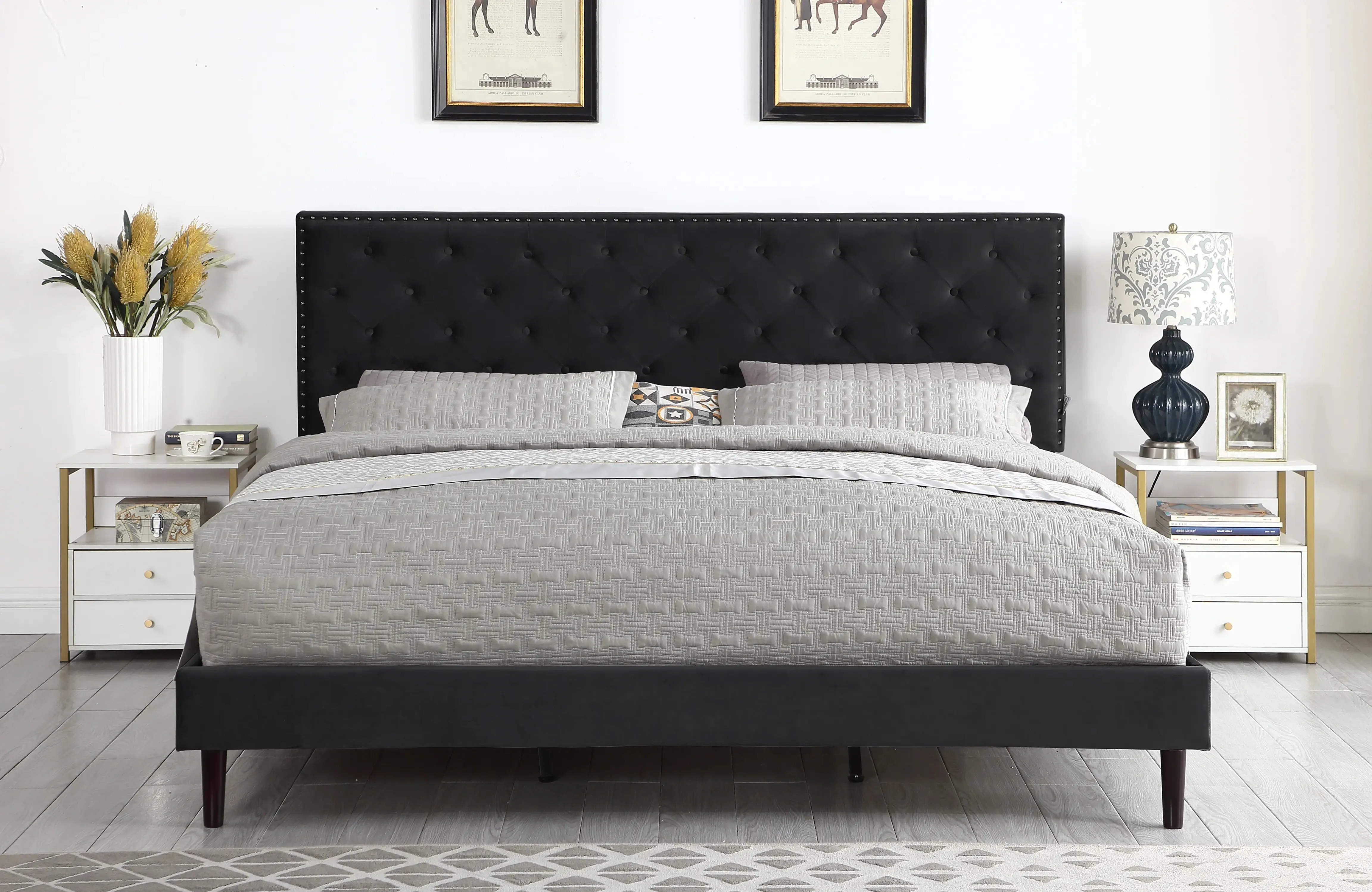 The Velour - Hand Tufted Luxury Upholstered Platform Bed - 48" Tall Adjustable Headboard in Suede Velour