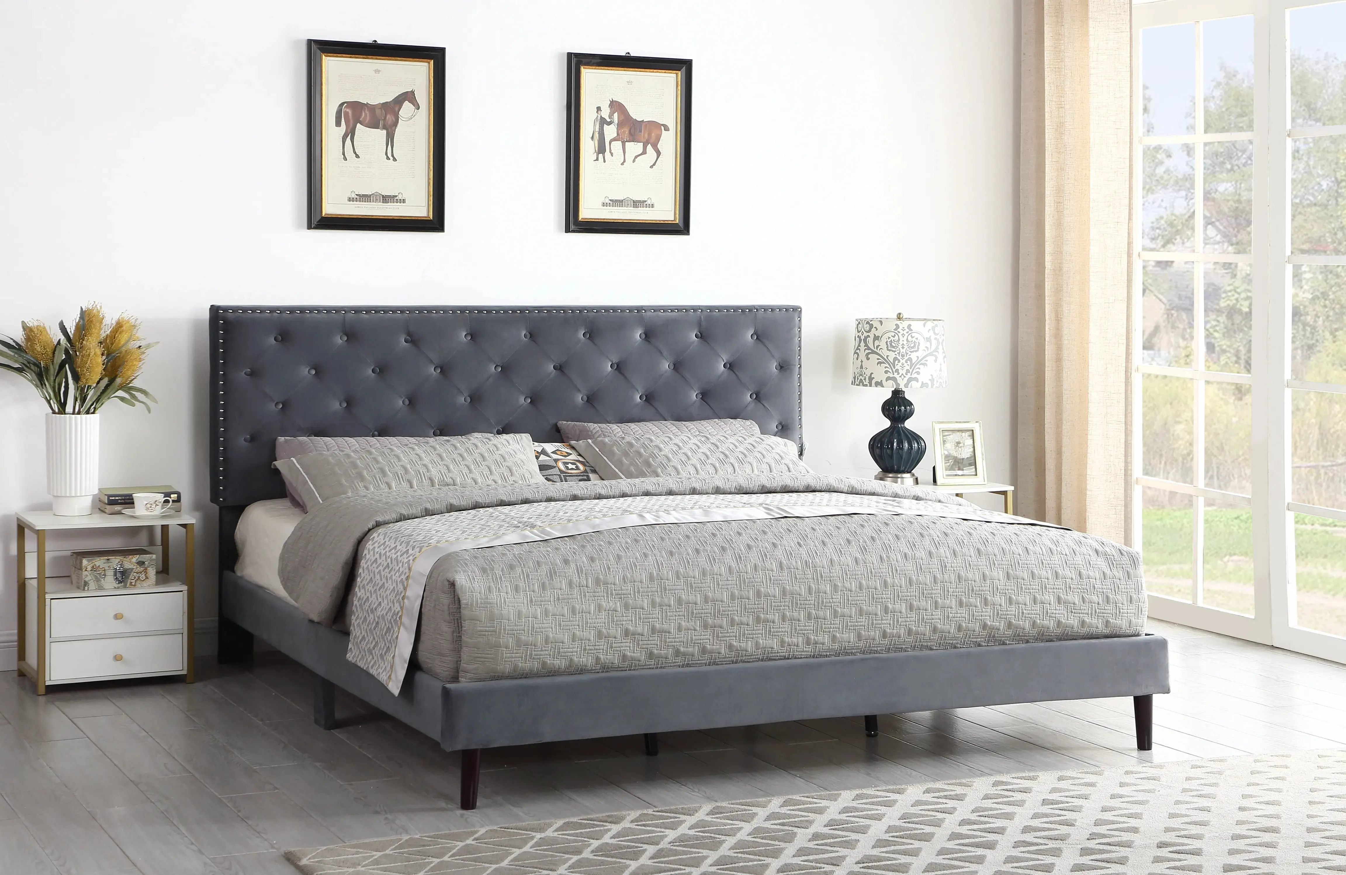 The Velour - Hand Tufted Luxury Upholstered Platform Bed - 48" Tall Adjustable Headboard in Suede Velour