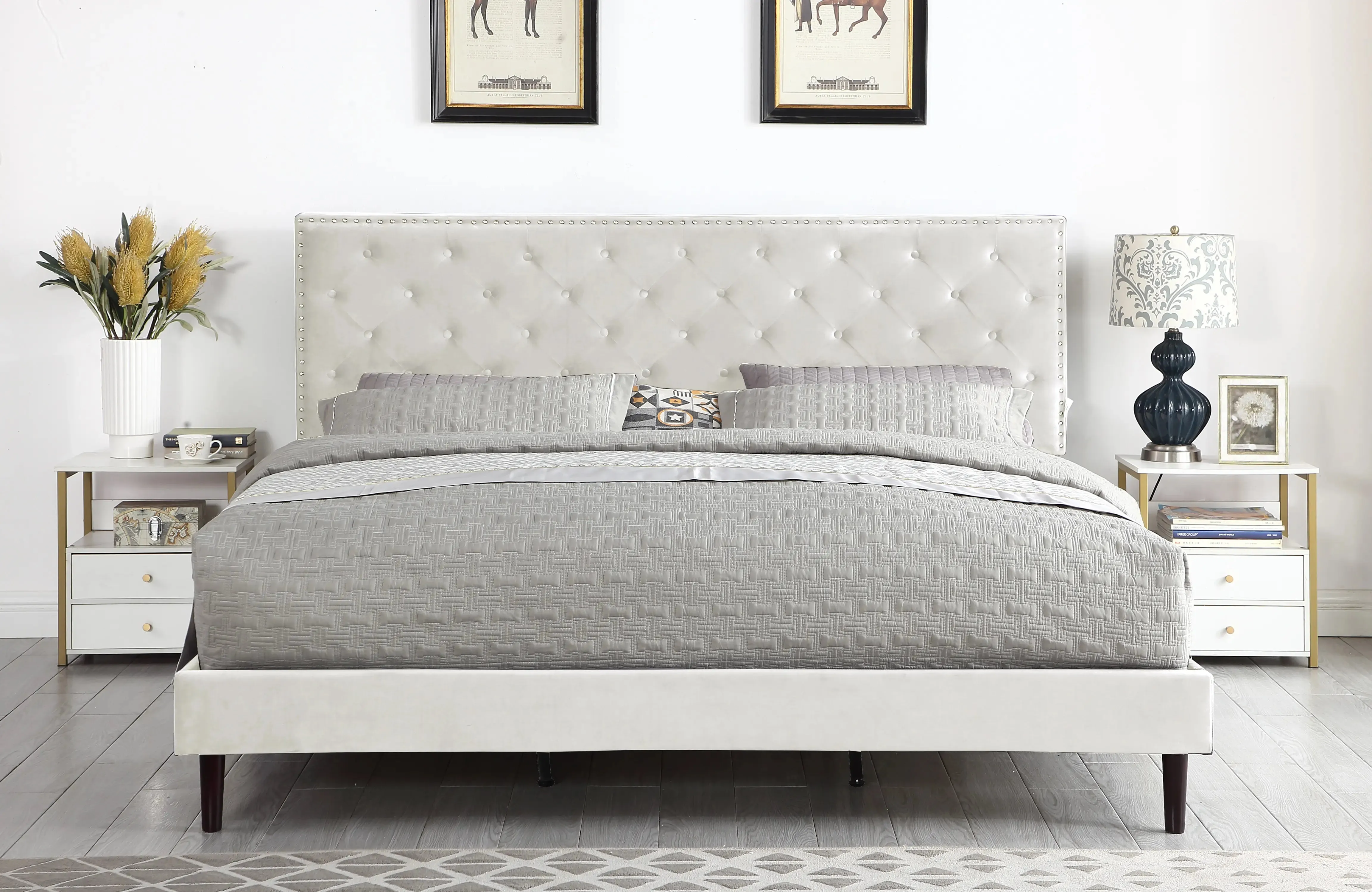 The Velour - Hand Tufted Luxury Upholstered Platform Bed - 48" Tall Adjustable Headboard in Suede Velour