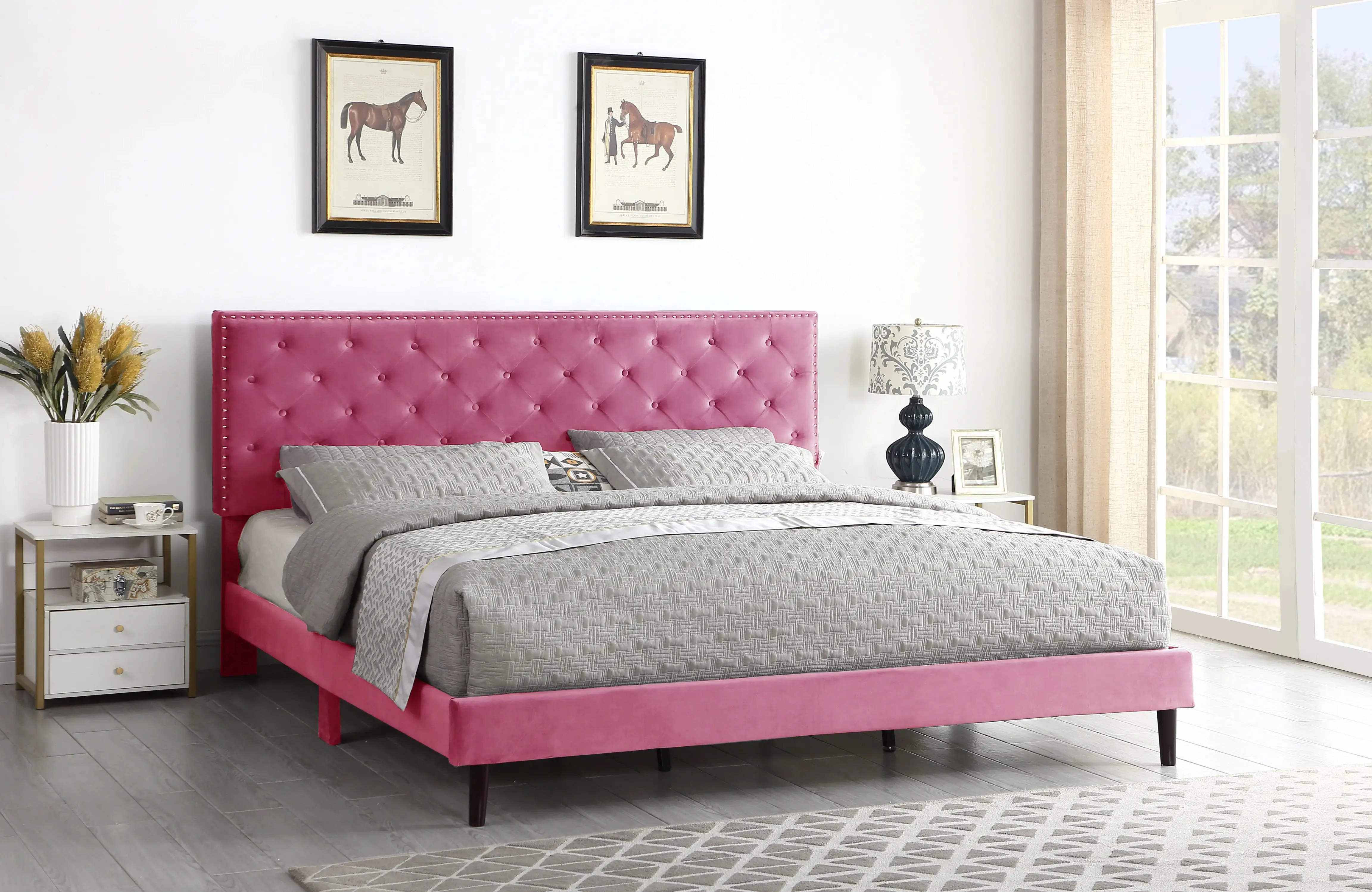 The Velour - Hand Tufted Luxury Upholstered Platform Bed - 48" Tall Adjustable Headboard in Suede Velour