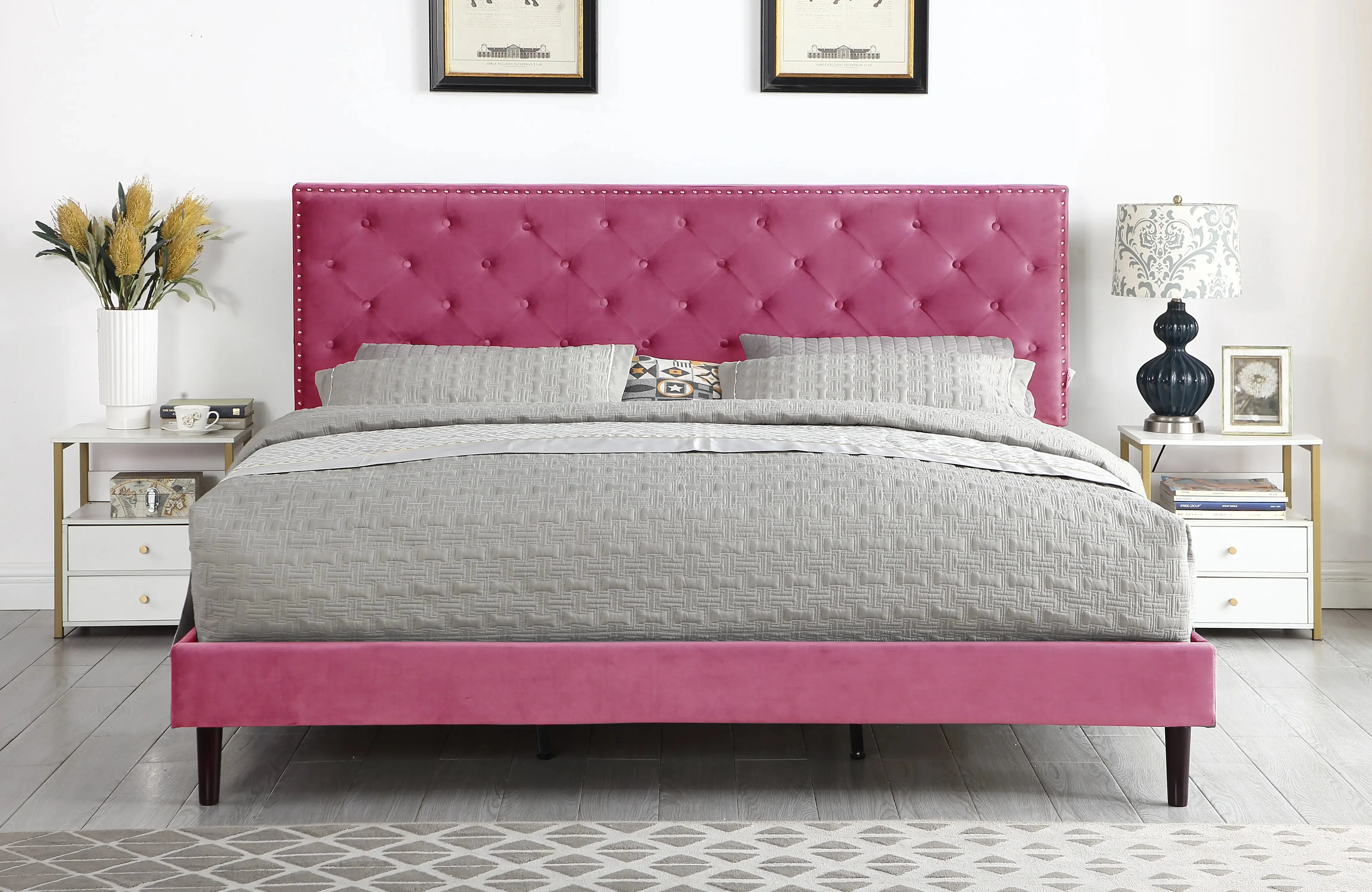 The Velour - Hand Tufted Luxury Upholstered Platform Bed - 48" Tall Adjustable Headboard in Suede Velour