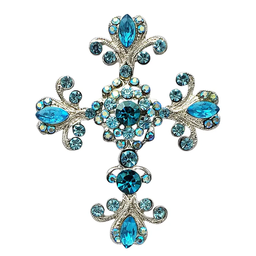 Vintage Vibes Crystal Rhinestone Christian Cross Brooch With Pendant Loop, 2.75 (Blue Crystal Silver Tone)