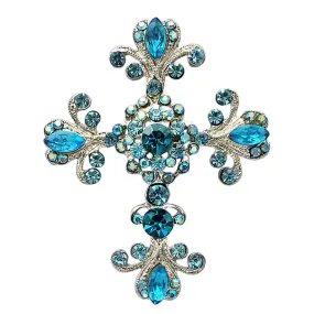 Vintage Vibes Crystal Rhinestone Christian Cross Brooch With Pendant Loop, 2.75 (Blue Crystal Silver Tone)