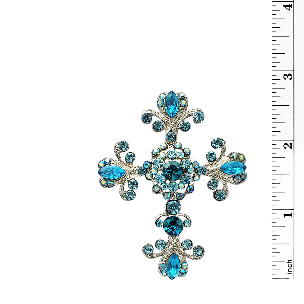 Vintage Vibes Crystal Rhinestone Christian Cross Brooch With Pendant Loop, 2.75 (Blue Crystal Silver Tone)