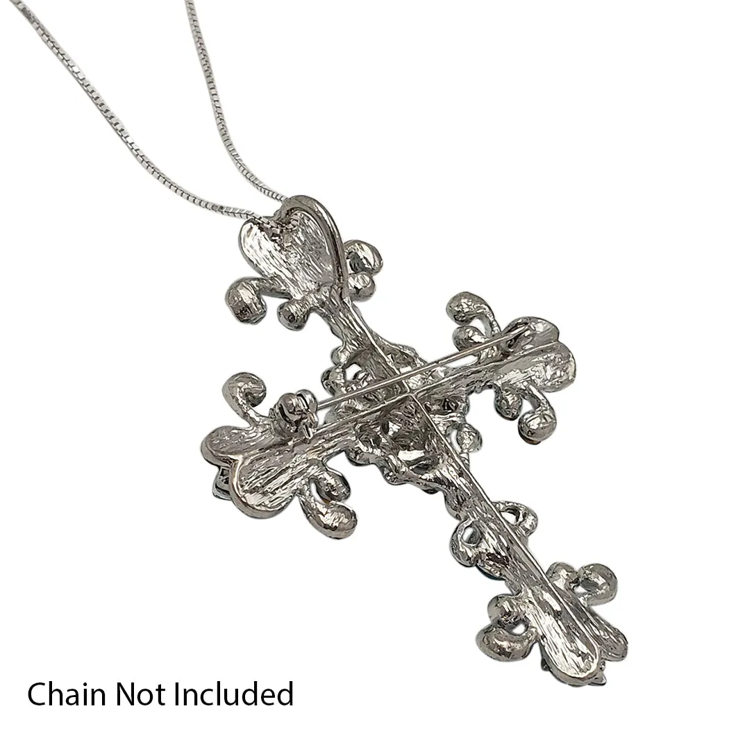 Vintage Vibes Crystal Rhinestone Christian Cross Brooch With Pendant Loop, 2.75 (Blue Crystal Silver Tone)