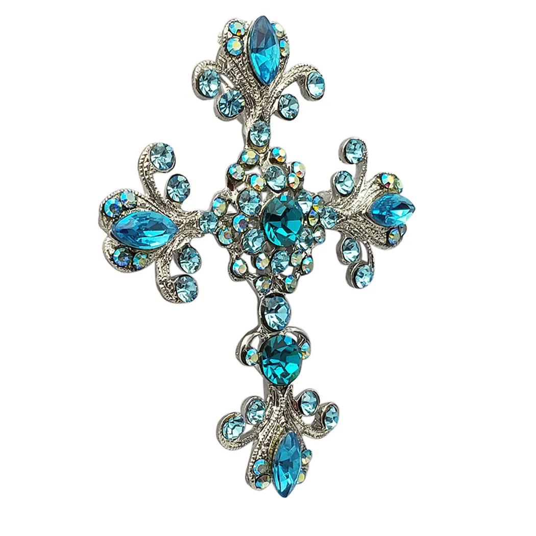 Vintage Vibes Crystal Rhinestone Christian Cross Brooch With Pendant Loop, 2.75 (Blue Crystal Silver Tone)