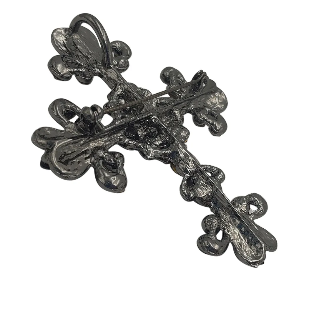 Vintage Vibes Crystal Rhinestone Christian Cross Brooch With Pendant Loop, 2.75 (Hematite Black Crystal Hematite Tone)