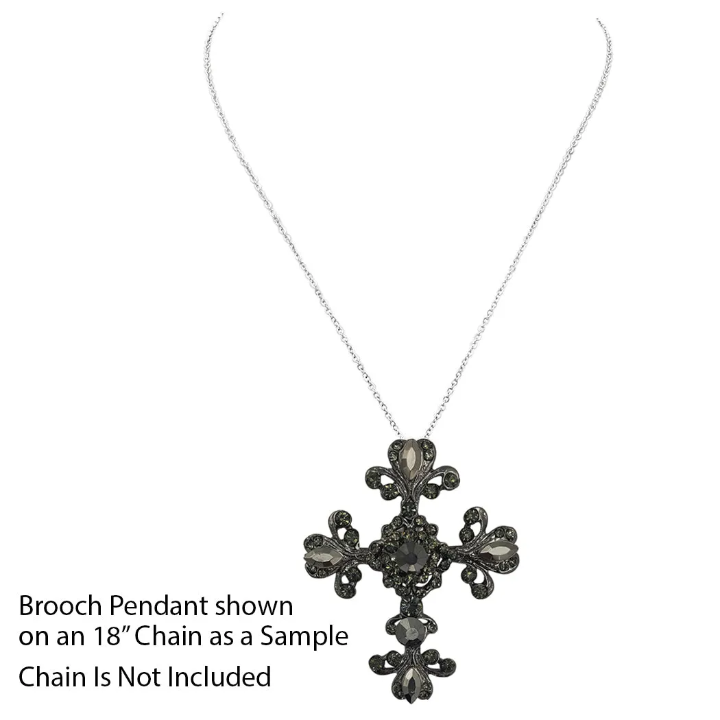 Vintage Vibes Crystal Rhinestone Christian Cross Brooch With Pendant Loop, 2.75 (Hematite Black Crystal Hematite Tone)