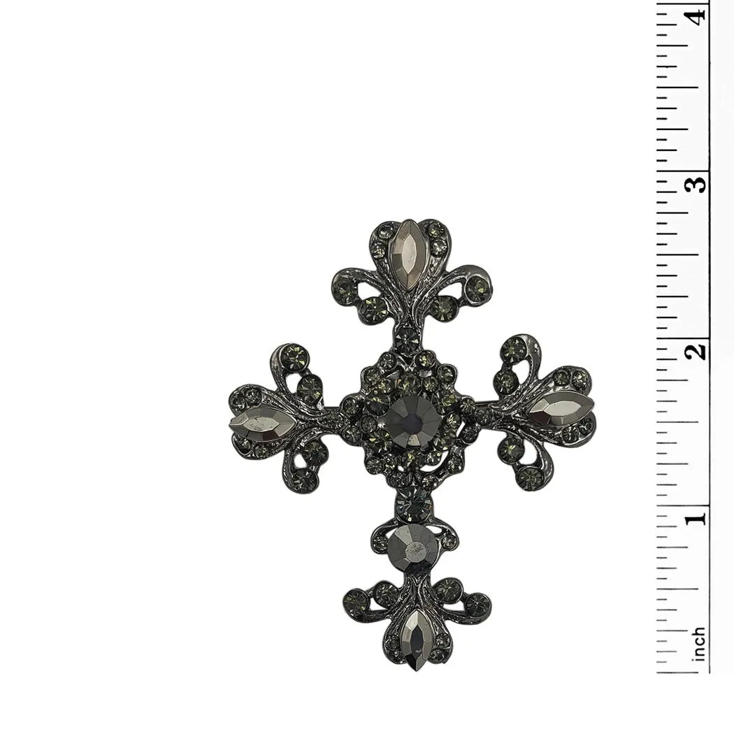 Vintage Vibes Crystal Rhinestone Christian Cross Brooch With Pendant Loop, 2.75 (Hematite Black Crystal Hematite Tone)